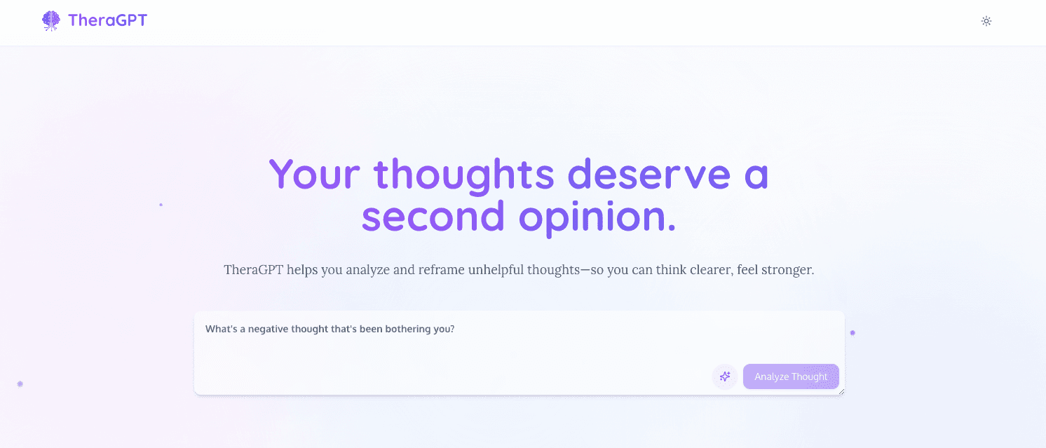 TheraGPT interface with a journal input and an Analyze Thought action